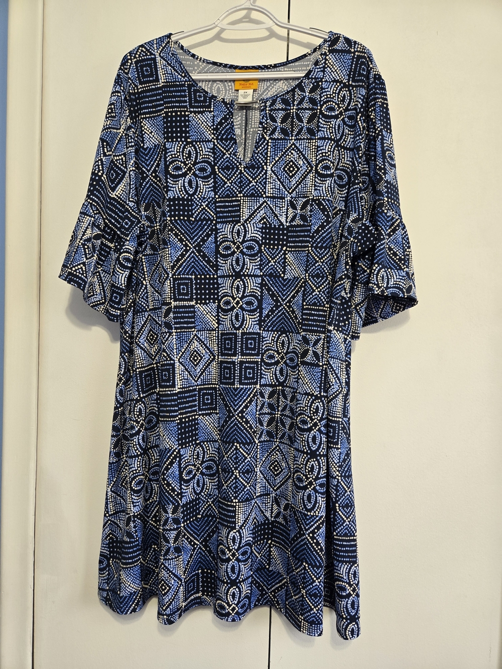 Ruby Rd Woman 2X Blue Geometric Print Bell Sleeve Stretch A Line Dress